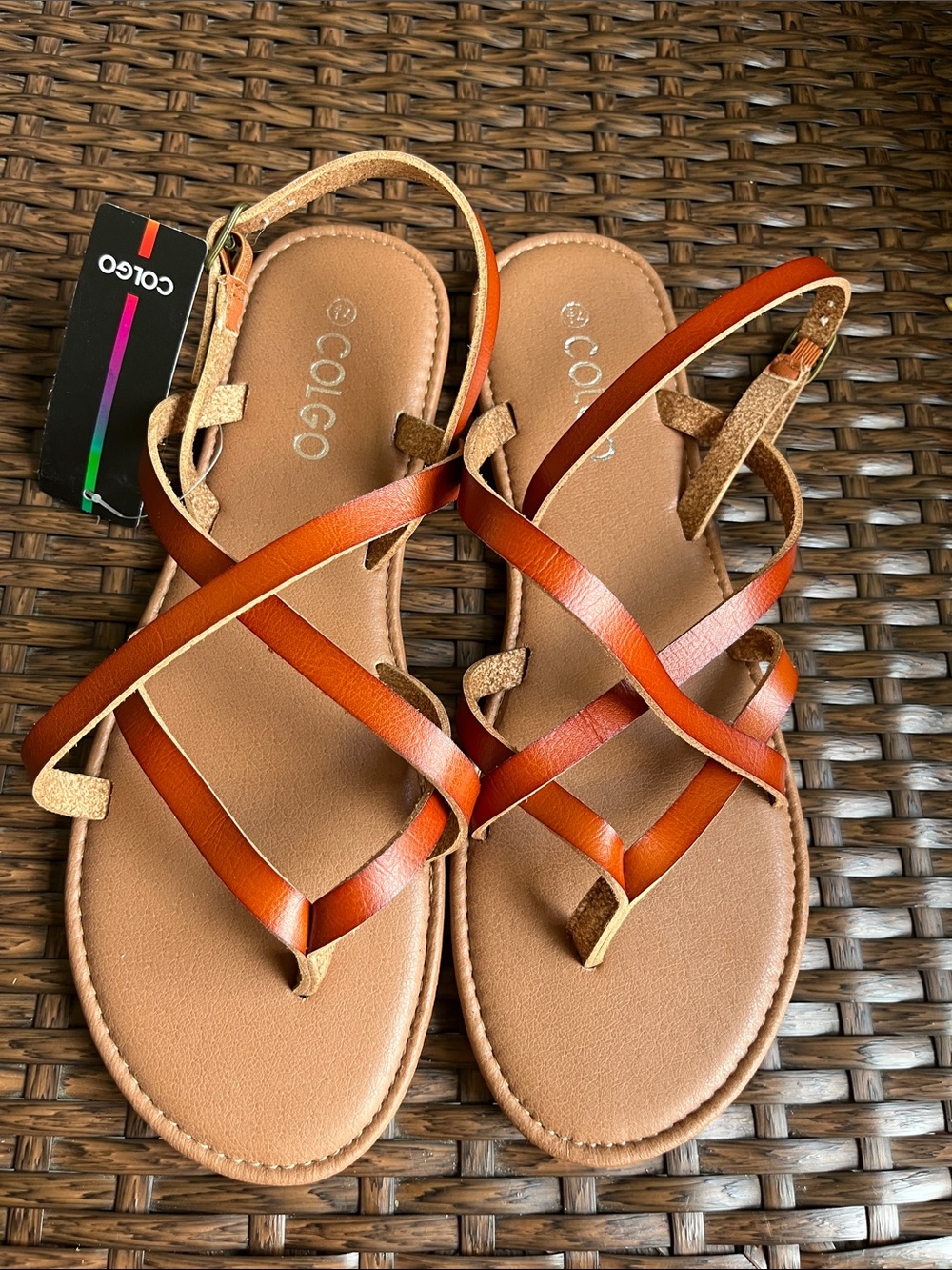 Women's Tan & Brown Cross-Strap Flat Sandals